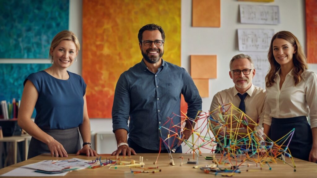 Una ilustración dinámica y llena de energía que muestra a un equipo diverso trabajando en conjunto de manera fluida y motivada. El enfoque está en el poder colectivo y la creatividad que se desata cuando el líder confía y empodera a su equipo.