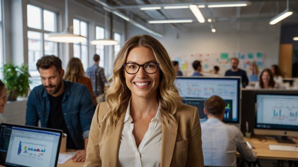 Líder inspirando a un equipo de startup con energía y conexión.