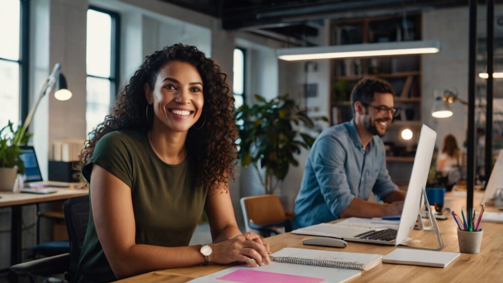 Líder presentando una visión en una pantalla holográfica a un equipo de startup.