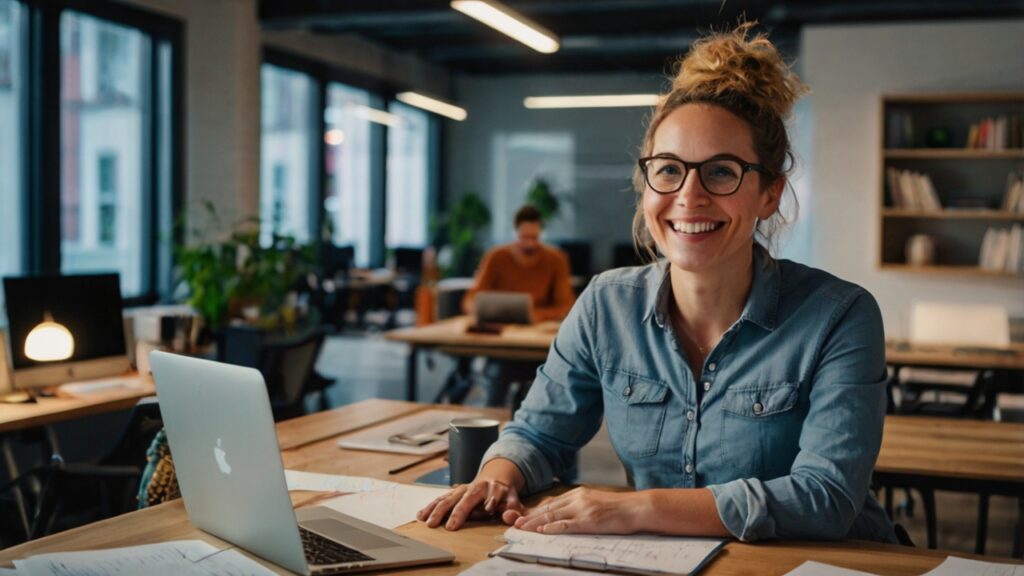 Equipo de startup celebrando un éxito con su líder, con confeti y alegría.