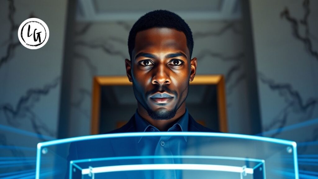 Líder afrodescendiente impulsando el momentum de productividad laboral mediante flujos paralelos de luz azul.