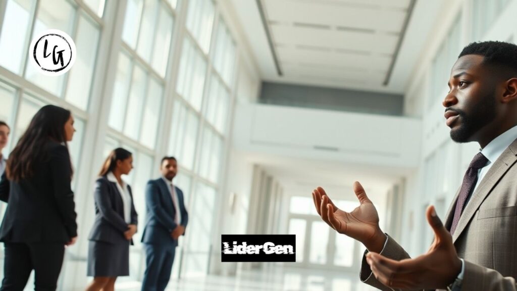 Joven directivo demostrando asertividad interpersonal en una presentación estratégica.