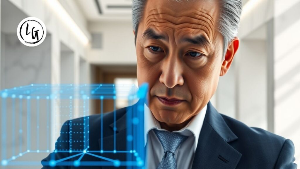 Un directivo senior de Lidergen interactuando con la estructura holográfica de un sistema de equipos de alto rendimiento.