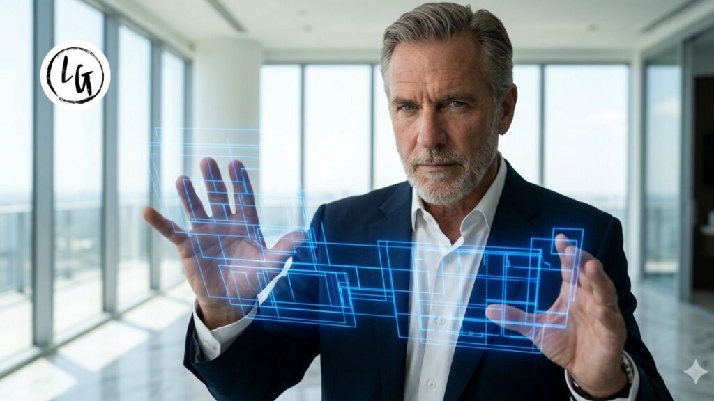 Director de mediana edad proyectando la psicología de la persuasión como un flujo de luz azul hacia un equipo para lograr consenso.