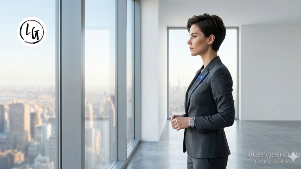 Un plano detalle cinematográfico muestra las manos de un líder ejecutivo sobre una mesa de mármol blanco nítido, ajustando un dial giratorio de alta tecnología con símbolos sensoriales abstractos. El usuario no está escribiendo, sino sintonizando su comunicación sensorial. Fondo de oficina directiva luminosa y minimalista.