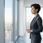 Un plano detalle cinematográfico muestra las manos de un líder ejecutivo sobre una mesa de mármol blanco nítido, ajustando un dial giratorio de alta tecnología con símbolos sensoriales abstractos. El usuario no está escribiendo, sino sintonizando su comunicación sensorial. Fondo de oficina directiva luminosa y minimalista.