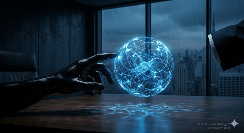 Fotografía conceptual premium de una mano de obsidiana sosteniendo una esfera de luz azul neuronada, simbolizando el dominio de las habilidades blandas ejemplos de Lidergen aplicados al liderazgo ejecutivo de alto nivel.