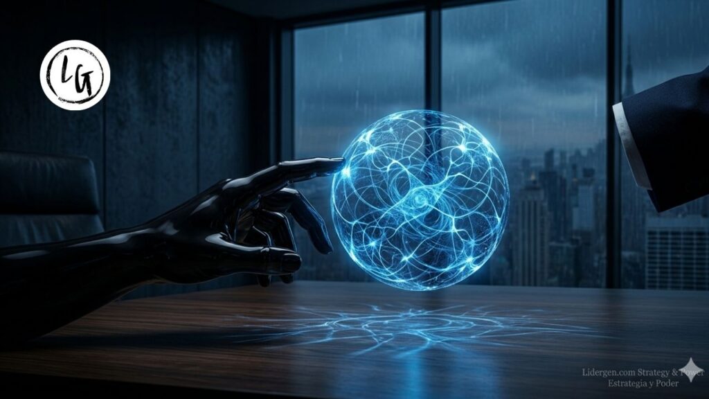 Fotografía conceptual premium de una mano de obsidiana sosteniendo una esfera de luz azul neuronada, simbolizando el dominio de las habilidades blandas ejemplos de Lidergen aplicados al liderazgo ejecutivo de alto nivel.