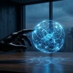 Fotografía conceptual premium de una mano de obsidiana sosteniendo una esfera de luz azul neuronada, simbolizando el dominio de las habilidades blandas ejemplos de Lidergen aplicados al liderazgo ejecutivo de alto nivel.