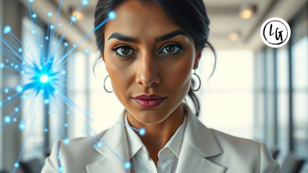 Ejecutiva de mediana edad utilizando productividad laboral para alinear y potenciar la dirección de un equipo.