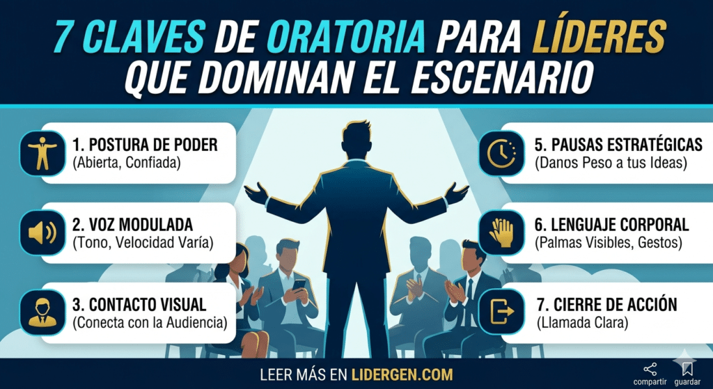 Infografía sobre 7 técnicas de oratoria para líderes y gestión de equipos en Lidergen