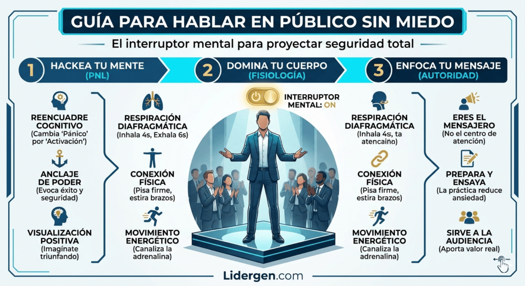 Infografía resumen: Guía para hablar en público sin miedo y proyectar seguridad en el liderazgo.