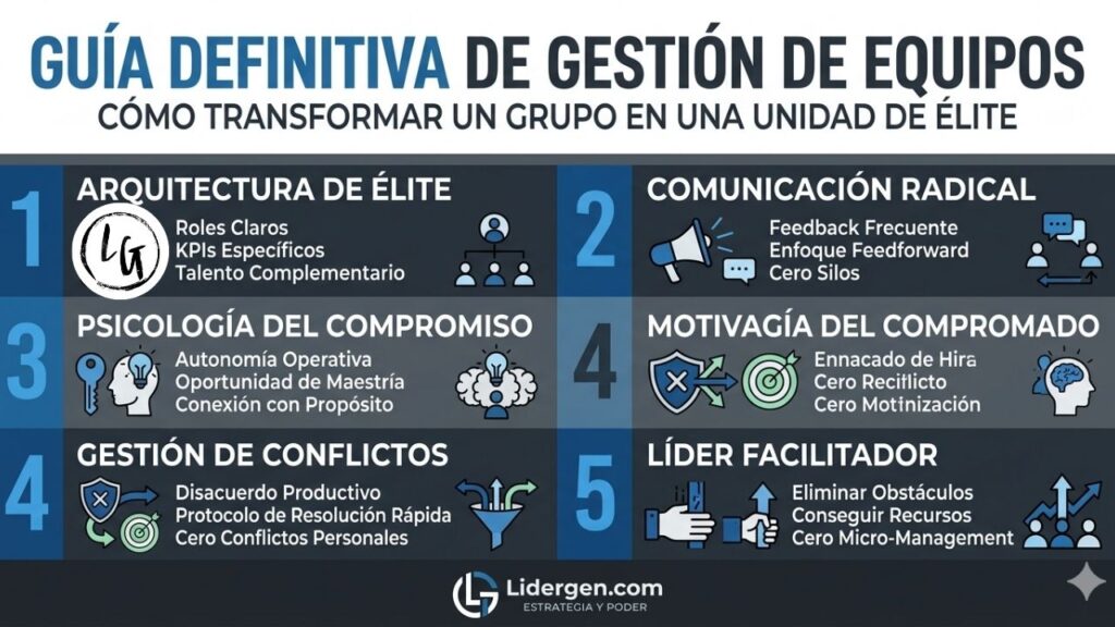 Infografía profesional sobre los 5 pilares de la gestión de equipos de alto rendimiento para líderes y gerentes de Lidergen.com.