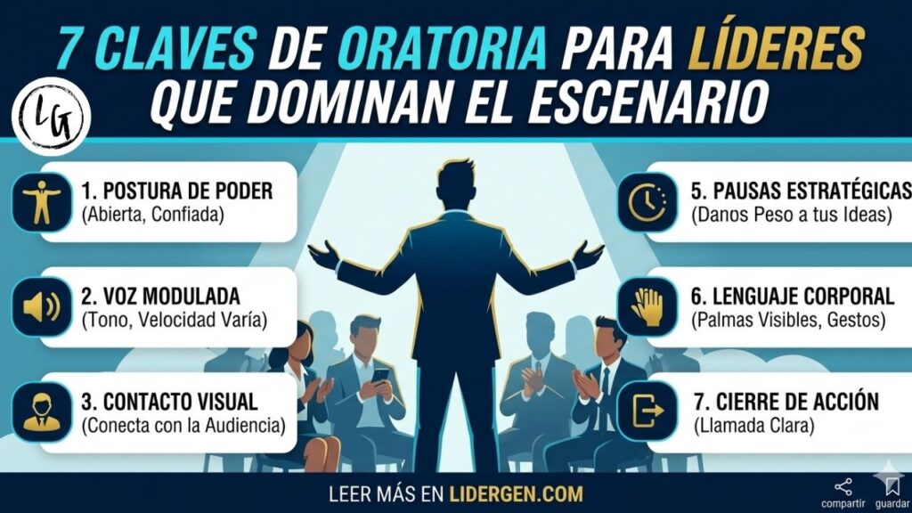 Infografía sobre 7 técnicas de oratoria para líderes y gestión de equipos en Lidergen