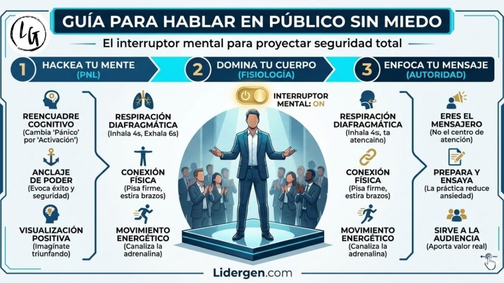 Infografía resumen: Guía para hablar en público sin miedo y proyectar seguridad en el liderazgo.