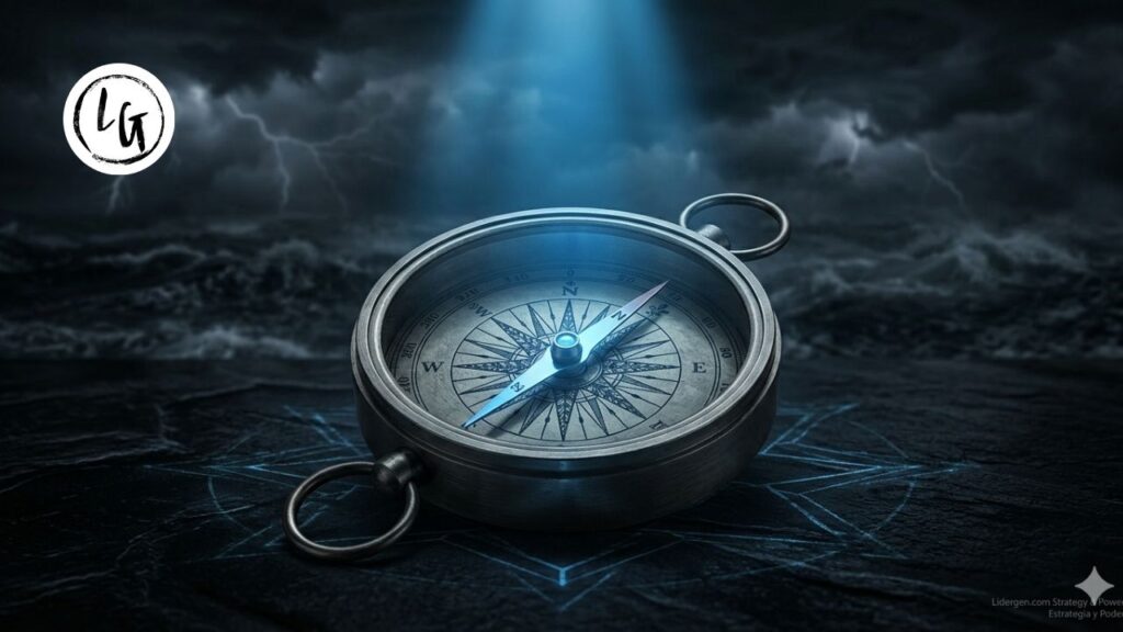 Fotografía conceptual de una brújula de metal con iluminación azul corporativa Lidergen sobre fondo oscuro, simbolizando la inteligencia emocional como guía estratégica en la gerencia de crisis.