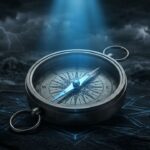 Fotografía conceptual de una brújula de metal con iluminación azul corporativa Lidergen sobre fondo oscuro, simbolizando la inteligencia emocional como guía estratégica en la gerencia de crisis.