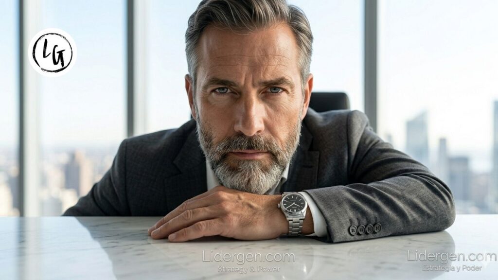 Fotografía de bellas artes sofisticada que muestra la mano de un gerente senior interactuando sutilmente con una brújula girroscópica de alta tecnología. La brújula está fabricada en fibra de carbono negra y cristal líquido, montada sobre una base de mármol blanco nítido. Los dedos están curvados en pose de ajuste de precisión. El dial de la brújula no muestra puntos cardinales, sino segmentos abstractos de sintaxis mental que brillan intensamente en el azul corporativo #0056D2. El fondo es una oficina ejecutiva luminosa y diáfana.