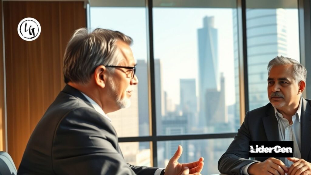 Un ejecutivo senior aplicando la comunicación asertiva en el liderazgo durante una sesión técnica.