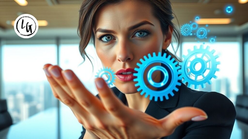 Una líder joven de Lidergen orquestando un sistema de equipos de alto rendimiento visualizado como engranajes de luz azul.