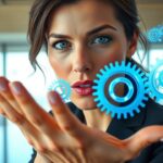 Una líder joven de Lidergen orquestando un sistema de equipos de alto rendimiento visualizado como engranajes de luz azul.