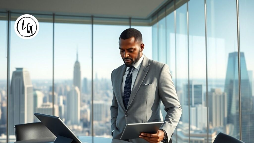 Ejecutivo analizando el mercado para el desarrollo de una visión estratégica global.