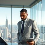 Ejecutivo analizando el mercado para el desarrollo de una visión estratégica global.