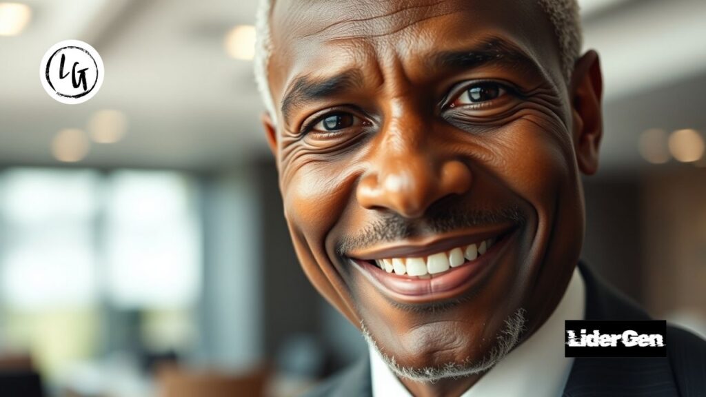 Primer plano de un líder cuya comunicación no verbal en el trabajo refleja honestidad y transparencia.