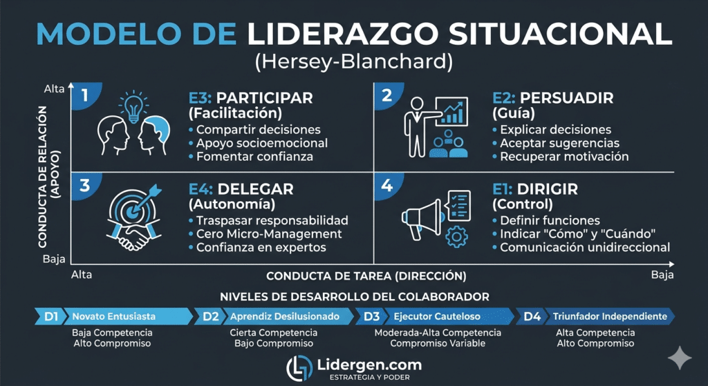 Infografía del modelo de Liderazgo Situacional de Hersey y Blanchard, detallando los 4 niveles de madurez del colaborador (D1-D4) y los 4 estilos de mando (E1-E4) en el blog Lidergen.com.