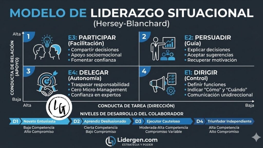 Infografía del modelo de Liderazgo Situacional de Hersey y Blanchard, detallando los 4 niveles de madurez del colaborador (D1-D4) y los 4 estilos de mando (E1-E4) en el blog Lidergen.com.