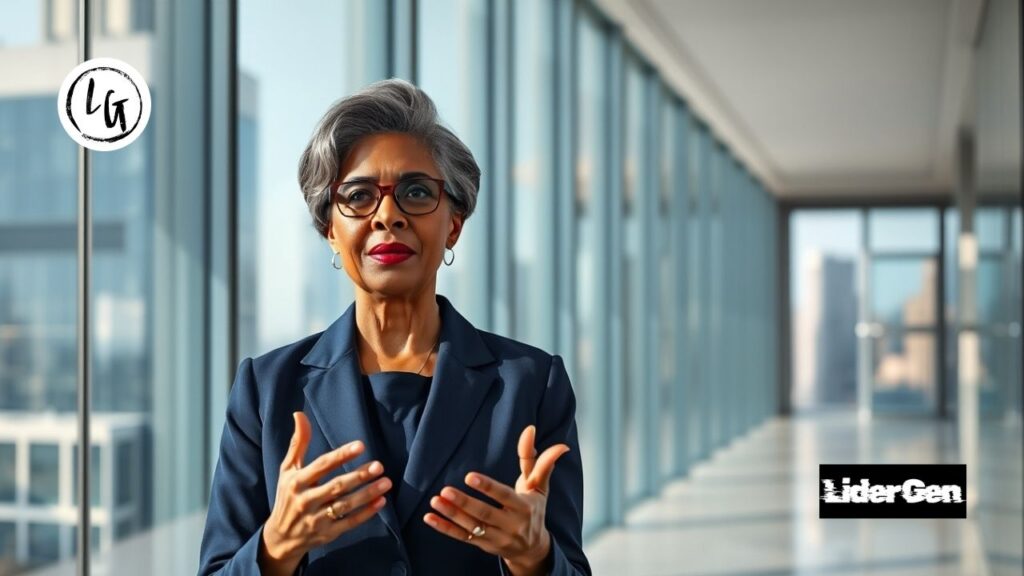 Una directora ejecutiva definiendo la cultura organizacional de una empresa en un entorno corporativo.