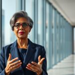 Una directora ejecutiva definiendo la cultura organizacional de una empresa en un entorno corporativo.