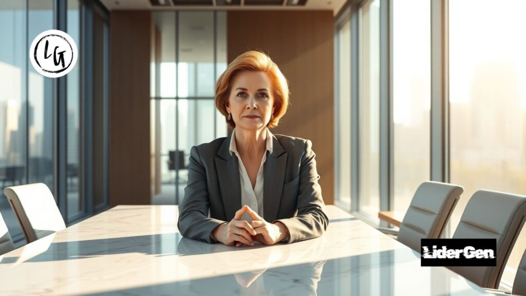 Ejecutiva senior utilizando la ojiva con sus manos para proyectar comunicación no verbal en el trabajo.