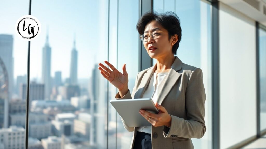 Ejecutiva realizando una presentación estratégica sobre el impacto de la Marca Personal corporativa.