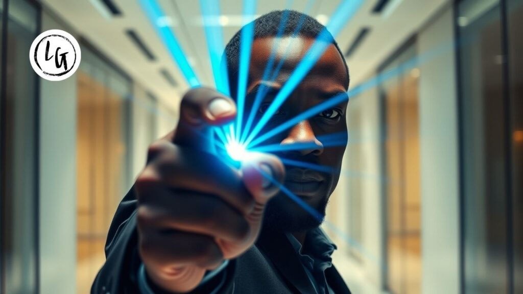 Un líder afrodescendiente de Lidergen impulsando el momentum de equipos de alto rendimiento mediante flujos de luz azul.