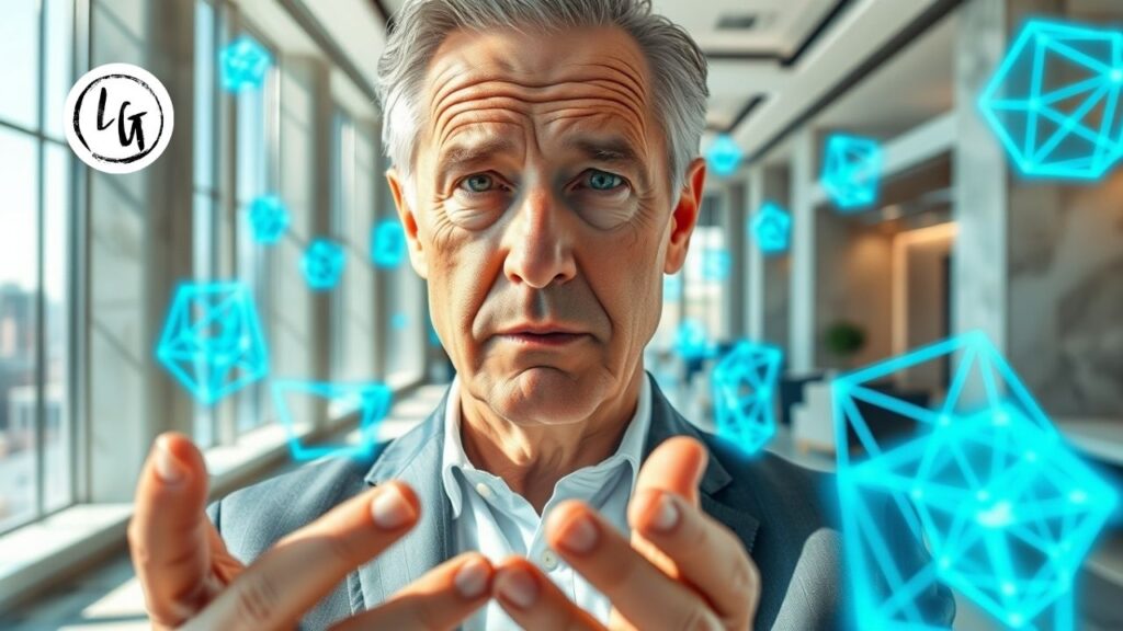 Líder senior optimizando la productividad laboral mediante una arquitectura de flujos de luz azul en un ático ejecutivo.