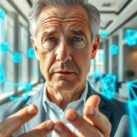 Líder senior optimizando la productividad laboral mediante una arquitectura de flujos de luz azul en un ático ejecutivo.