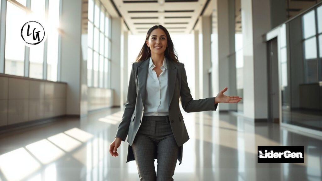 Directiva demostrando una postura abierta y un lenguaje corporal expansivo en la oficina.