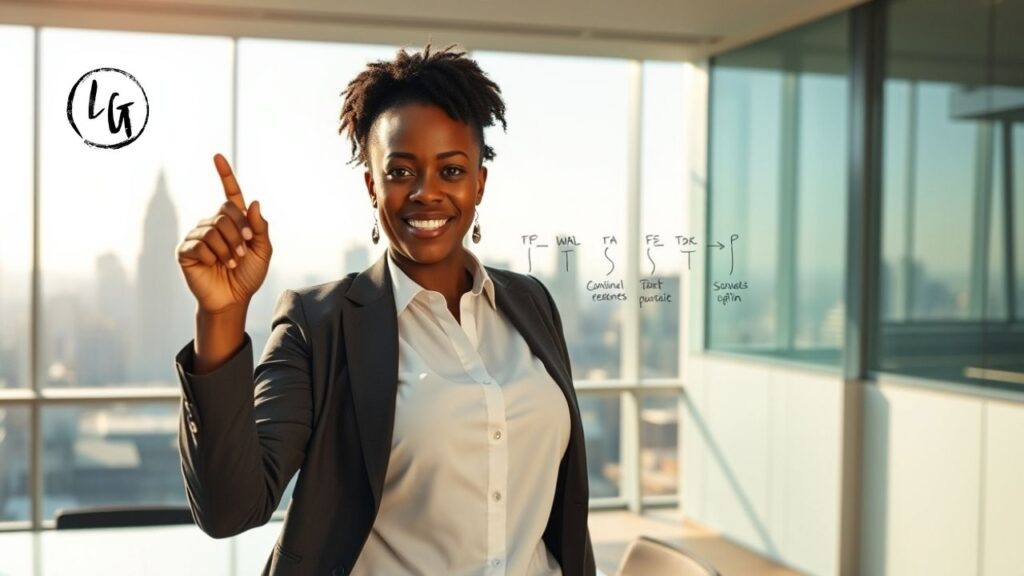 Directora ejecutiva presentando un eje cronológico interactivo y una Línea del Tiempo: Organiza tu Historia.