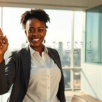 Directora ejecutiva presentando un eje cronológico interactivo y una Línea del Tiempo: Organiza tu Historia.