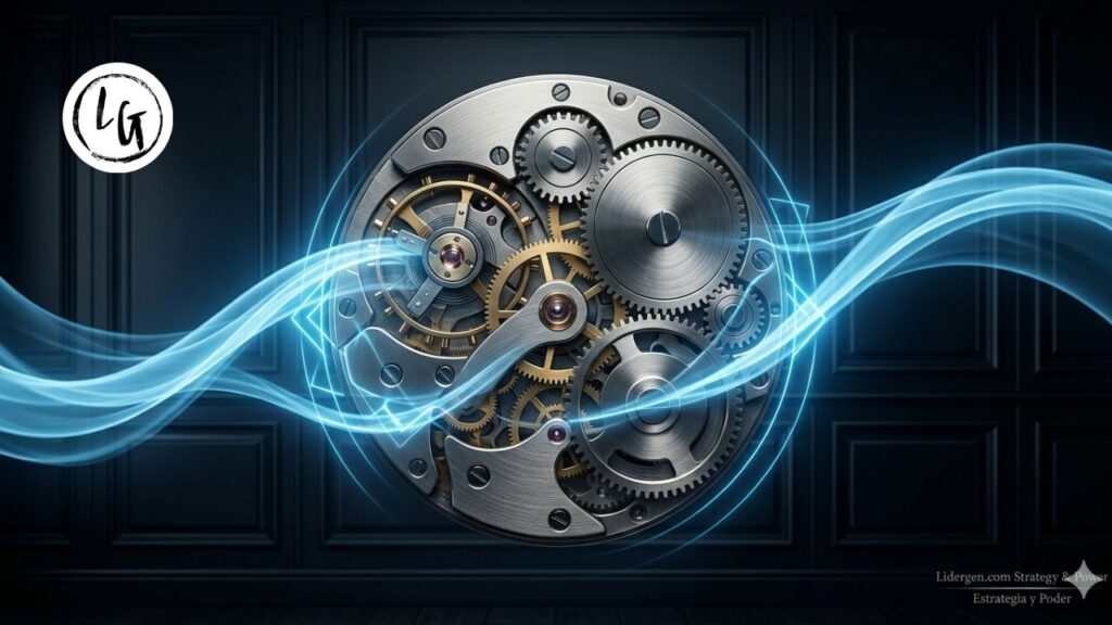 Fotografía conceptual premium de un engranaje de relojería suizo de alta precisión, fabricado en acero cepillado (Hard Skills), movido por filamentos fluidos de luz azul corporativa Lidergen (Soft Skills) sobre fondo oscuro, simbolizando el equilibrio perfecto en el liderazgo ejecutivo.