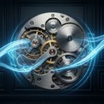 Fotografía conceptual premium de un engranaje de relojería suizo de alta precisión, fabricado en acero cepillado (Hard Skills), movido por filamentos fluidos de luz azul corporativa Lidergen (Soft Skills) sobre fondo oscuro, simbolizando el equilibrio perfecto en el liderazgo ejecutivo.