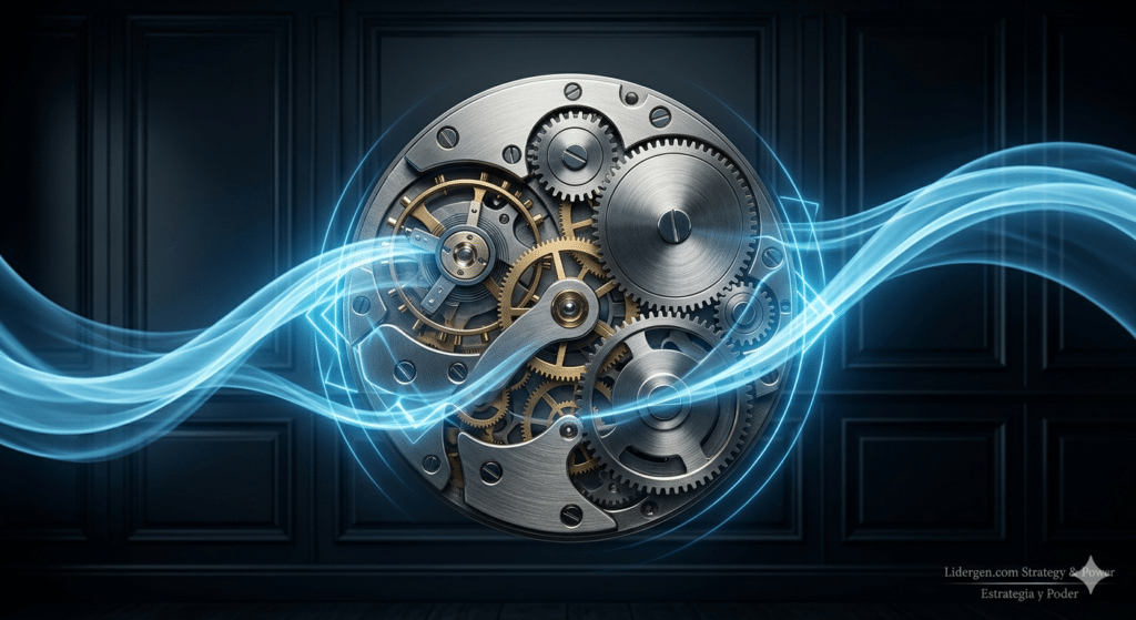 Fotografía conceptual premium de un engranaje de relojería suizo de alta precisión, fabricado en acero cepillado (Hard Skills), movido por filamentos fluidos de luz azul corporativa Lidergen (Soft Skills) sobre fondo oscuro, simbolizando el equilibrio perfecto en el liderazgo ejecutivo.