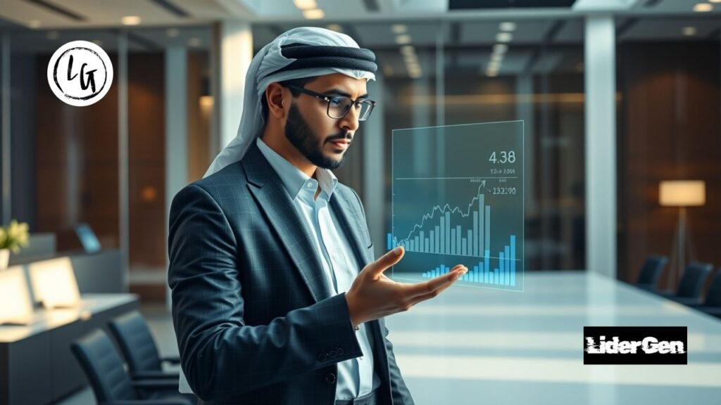 Ejecutiva analizando datos para la toma de decisión en la empresa.