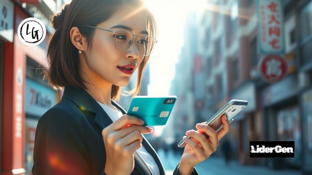 Mujer profesional usando las mejores tarjetas para viajar para evitar comisiones en Japón.