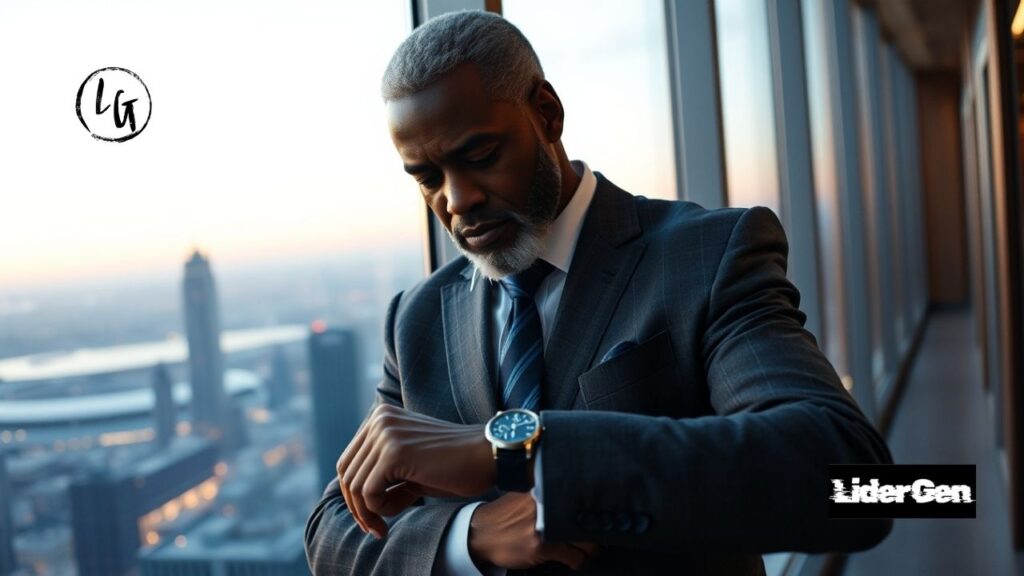 CEO senior gestionando su tiempo con autoridad en la oficina.