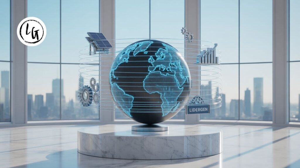 Engranaje de alta precisión en cristal y acero con luz azul Lidergen, representando la rentabilidad y el impacto en los mejores casos de emprendimiento social ejemplos para directivos.