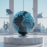 Engranaje de alta precisión en cristal y acero con luz azul Lidergen, representando la rentabilidad y el impacto en los mejores casos de emprendimiento social ejemplos para directivos.