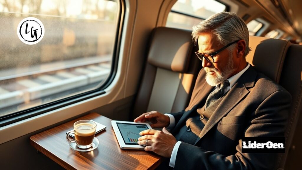 Hombre senior gestionando capital con una tarjeta prepago internacional en un tren de alta velocidad.