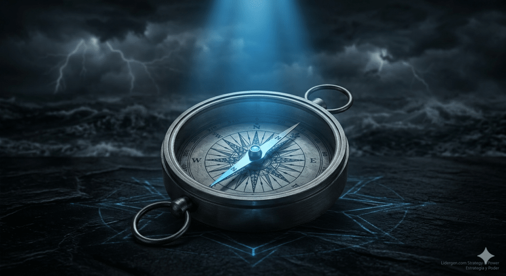 Fotografía conceptual de una brújula de metal con iluminación azul corporativa Lidergen sobre fondo oscuro, simbolizando la inteligencia emocional como guía estratégica en la gerencia de crisis.